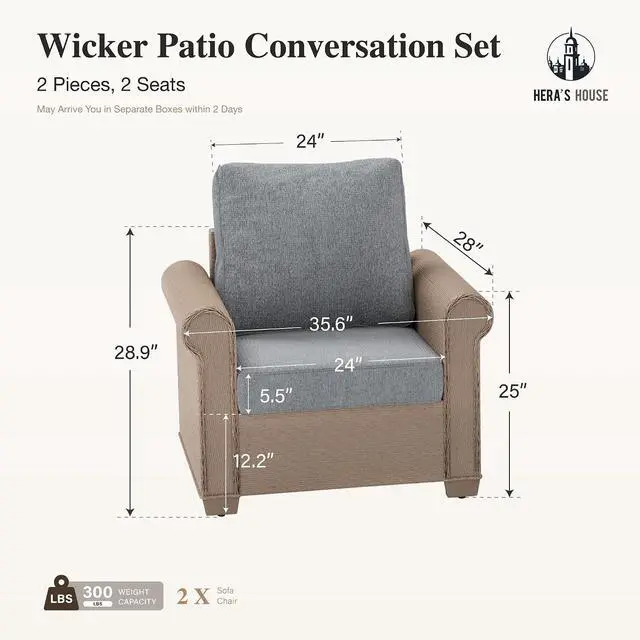 Alt view image 7 of 7 - HERA'S HOUSE 2-Piece Wicker Patio Conversation Set, 2-Seat, Grey | All-Weather, Waterproof Cushions, For Garden, Backyard