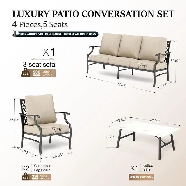 Alt view image 6 of 7 - HERA'S HOUSE 4-Piece Metal Outdoor Conversation Set, 5 Seats | Beige Leg Chair, Coffee Table, Single chairs could support up to 350lbs