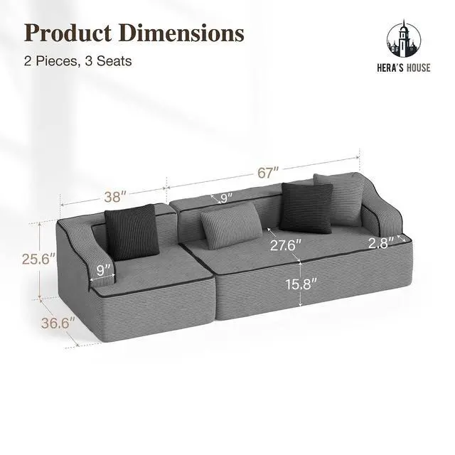 Alt view image 2 of 7 - HERA'S HOUSE 105" Modular Sectional Sofa, Living Room Cloud Couch, Corduroy Sectional with Wide Armrest and 4 Pillows, No Assembly, Grey