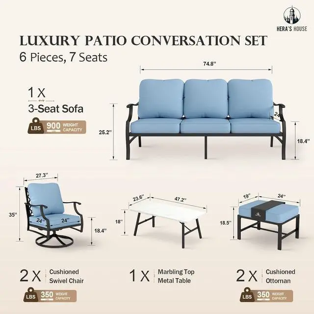 Alt view image 6 of 7 - HERA'S HOUSE 6-Piece Wrought Iron Outdoor Conversation Set, 7 Seats | Blue Swivel Chair + Ottoman, Coffee Table, Single chairs could support up to 350lbs