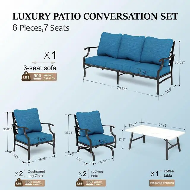 Alt view image 6 of 7 - HERA'S HOUSE 6-Piece Metal Wrought Iron Outdoor Conversation Set, 7 Seats | Pacific Blue Leg Chair + Rocker, Coffee Table, Single chairs could support up to 350lbs