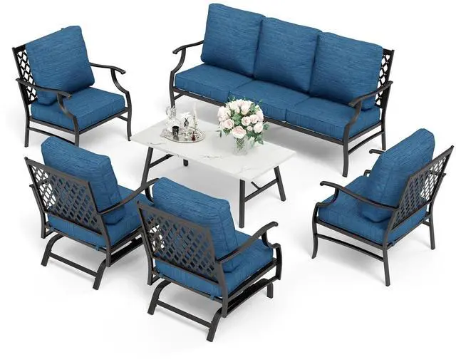 Alt view image 7 of 7 - HERA'S HOUSE 6-Piece Metal Wrought Iron Outdoor Conversation Set, 7 Seats | Pacific Blue Leg Chair + Rocker, Coffee Table, Single chairs could support up to 350lbs