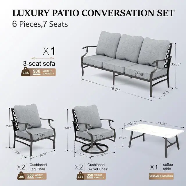 Alt view image 6 of 7 - HERA'S HOUSE 6-Piece Metal Wrought Iron Outdoor Conversation Set, 7 Seats | Gray Leg Chair + Swivel Chair, Coffee Table, Single chairs could support up to 350lbs