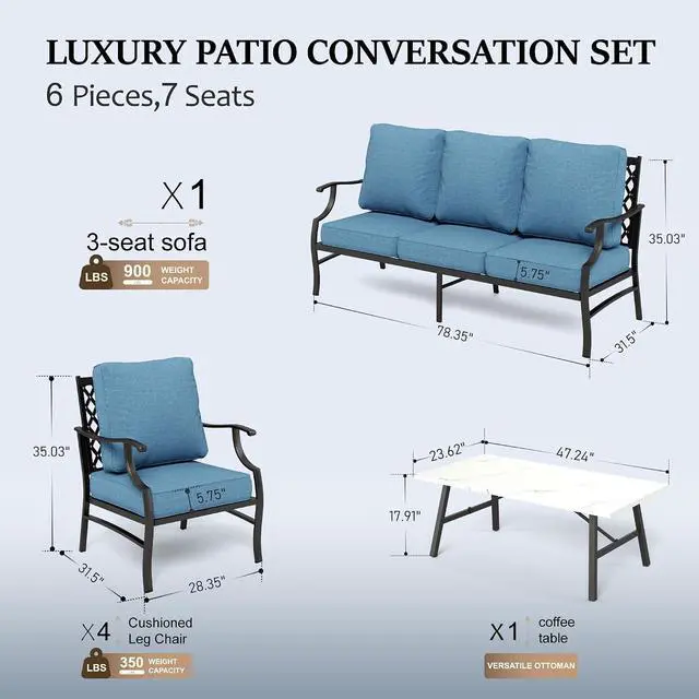 Alt view image 6 of 7 - HERA'S HOUSE 6-Piece Metal Outdoor Conversation Set, 7 Seats | Navy Blue Leg Chair, Coffee Table, Single chairs could support up to 350lbs