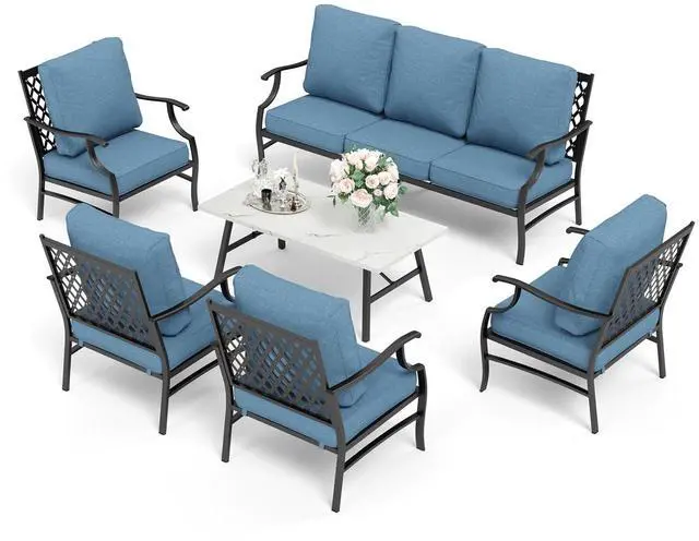 Alt view image 7 of 7 - HERA'S HOUSE 6-Piece Metal Outdoor Conversation Set, 7 Seats | Navy Blue Leg Chair, Coffee Table, Single chairs could support up to 350lbs