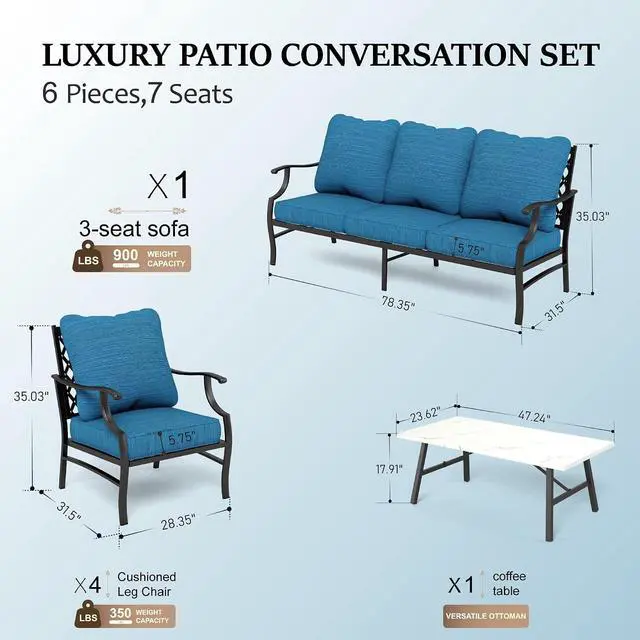 Alt view image 6 of 7 - HERA'S HOUSE 6-Piece Metal Outdoor Conversation Set, 7 Seats | Pacific Blue Leg Chair, Coffee Table, Single chairs could support up to 350lbs