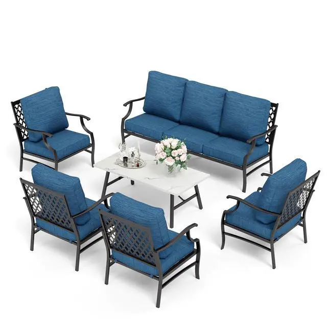 Alt view image 7 of 7 - HERA'S HOUSE 6-Piece Metal Outdoor Conversation Set, 7 Seats | Pacific Blue Leg Chair, Coffee Table, Single chairs could support up to 350lbs