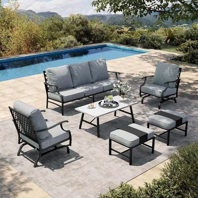 Main image of HERA'S HOUSE 6-Piece Wrought Iron Outdoor Conversation Set, 7 Seats | Gray Rocker + Ottoman, Coffee Table, Single chairs could support up to 350lbs