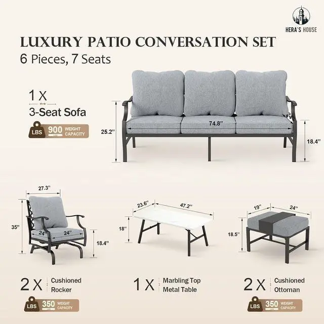 Alt view image 6 of 7 - HERA'S HOUSE 6-Piece Wrought Iron Outdoor Conversation Set, 7 Seats | Gray Rocker + Ottoman, Coffee Table, Single chairs could support up to 350lbs
