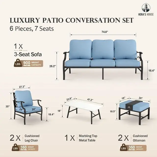 Alt view image 6 of 7 - HERA'S HOUSE 6-Piece Metal Outdoor Conversation Set, 7 Seats | Blue Leg Chair + Ottoman, Coffee Table, Single chairs could support up to 350lbs