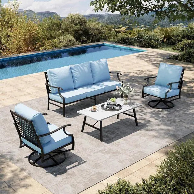 Main image of HERA'S HOUSE 4-Piece Metal Wrought Iron Outdoor Conversation Set, 5 Seats | Blue Swivel Chair, Coffee Table, Single chairs could support up to 350lbs
