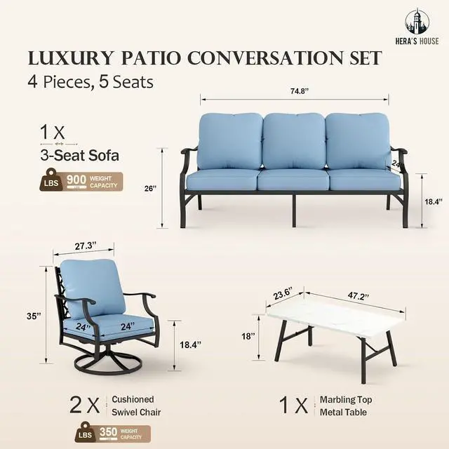 Alt view image 6 of 6 - HERA'S HOUSE 4-Piece Metal Wrought Iron Outdoor Conversation Set, 5 Seats | Blue Swivel Chair, Coffee Table, Single chairs could support up to 350lbs