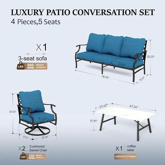 Alt view image 7 of 7 - HERA'S HOUSE 4-Piece Metal Wrought Iron Outdoor Conversation Set, 5 Seats | Pacific Blue Swivel Chair, Coffee Table, Single chairs could support up to 350lbs