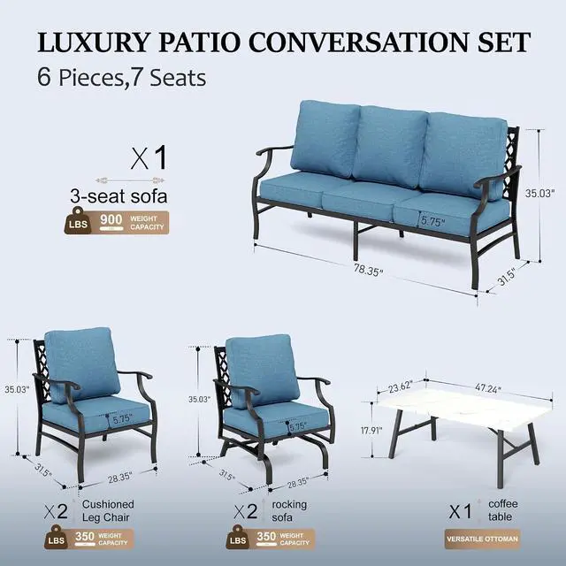 Alt view image 6 of 7 - HERA'S HOUSE 6-Piece Metal Wrought Iron Outdoor Conversation Set, 7 Seats | Navy Blue Leg Chair + Rocker, Coffee Table, Single chairs could support up to 350lbs