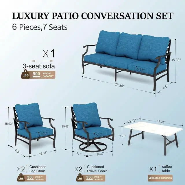 Alt view image 6 of 7 - HERA'S HOUSE 6-Piece Metal Wrought Iron Outdoor Conversation Set, 7 Seats | Pacific Blue Leg Chair + Swivel Chair, Coffee Table, Single chairs could support up to 350lbs