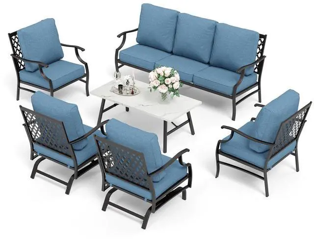 Alt view image 7 of 7 - HERA'S HOUSE 6-Piece Metal Wrought Iron Outdoor Conversation Set, 7 Seats | Navy Blue Leg Chair + Rocker, Coffee Table, Single chairs could support up to 350lbs