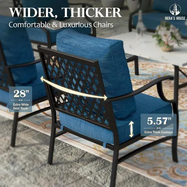 Alt view image 4 of 7 - HERA'S HOUSE 6 Piece Patio Furniture Set, 2 x Metal Cushioned Chair, 2 x Cushioned Ottoman, 1 x 3-Seat Sofa with Marbling Coffee Table, Outdoor Conversation Set for Lawn Garden Backyard, Pacific Blue