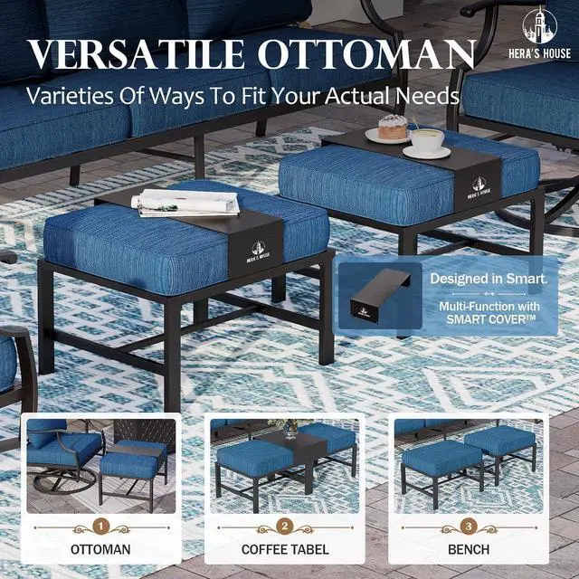 Alt view image 5 of 7 - HERA'S HOUSE 6 Piece Patio Furniture Set, 2 x Metal Cushioned Chair, 2 x Cushioned Ottoman, 1 x 3-Seat Sofa with Marbling Coffee Table, Outdoor Conversation Set for Lawn Garden Backyard, Pacific Blue