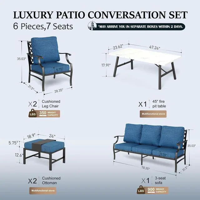 Alt view image 6 of 7 - HERA'S HOUSE 6 Piece Patio Furniture Set, 2 x Metal Cushioned Chair, 2 x Cushioned Ottoman, 1 x 3-Seat Sofa with Marbling Coffee Table, Outdoor Conversation Set for Lawn Garden Backyard, Pacific Blue