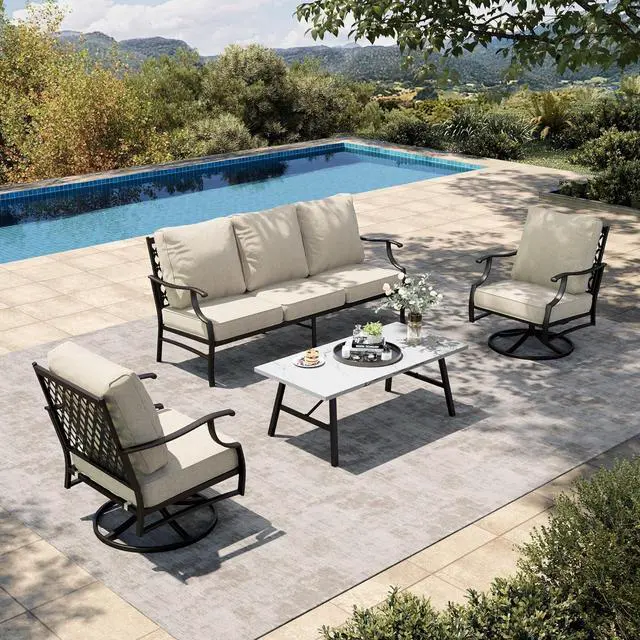 Main image of HERA'S HOUSE 4-Piece Metal Wrought Iron Outdoor Conversation Set, 5 Seats | Beige Swivel Chair, Coffee Table, Single chairs could support up to 350lbs