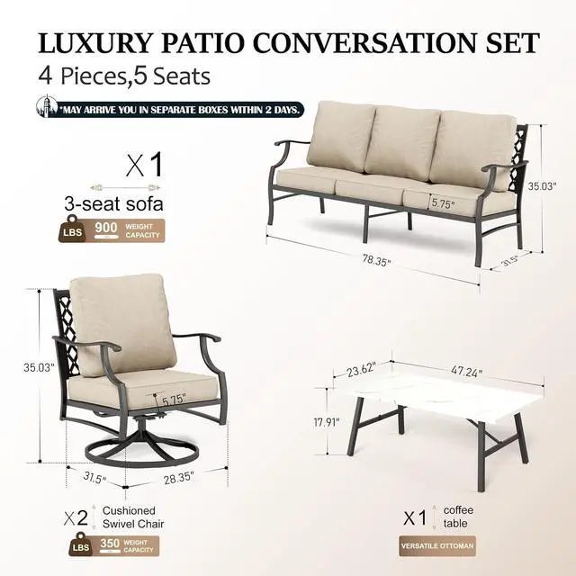 Alt view image 6 of 7 - HERA'S HOUSE 4-Piece Metal Wrought Iron Outdoor Conversation Set, 5 Seats | Beige Swivel Chair, Coffee Table, Single chairs could support up to 350lbs