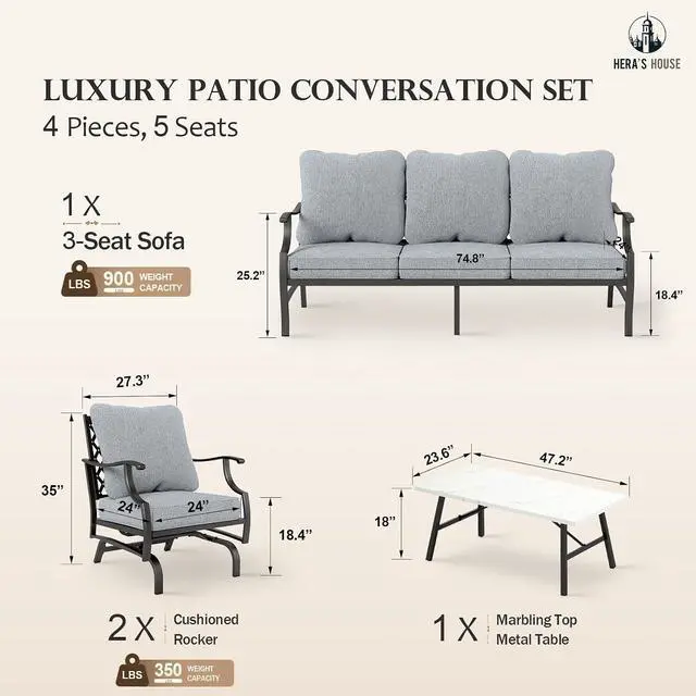 Alt view image 6 of 7 - HERA'S HOUSE 4-Piece Metal Outdoor Conversation Set, 5 Seats, Gray Rocker | Coffee Table, Single chairs could support up to 350lbs
