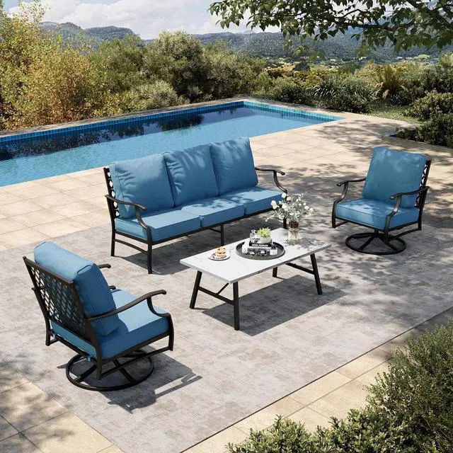 Main image of HERA'S HOUSE 4-Piece Metal Wrought Iron Outdoor Conversation Set, 5 Seats | Navy Blue Swivel Chair, Coffee Table, Single chairs could support up to 350lbs
