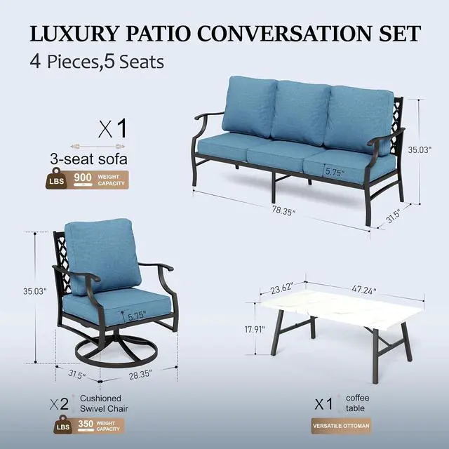 Alt view image 7 of 7 - HERA'S HOUSE 4-Piece Metal Wrought Iron Outdoor Conversation Set, 5 Seats | Navy Blue Swivel Chair, Coffee Table, Single chairs could support up to 350lbs