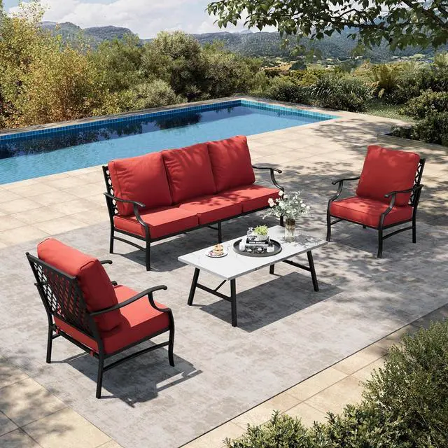 Main image of HERA'S HOUSE 4-Piece Metal Outdoor Conversation Set, 5 Seats, Red Leg Chair | Coffee Table, Single chairs could support up to 350lbs