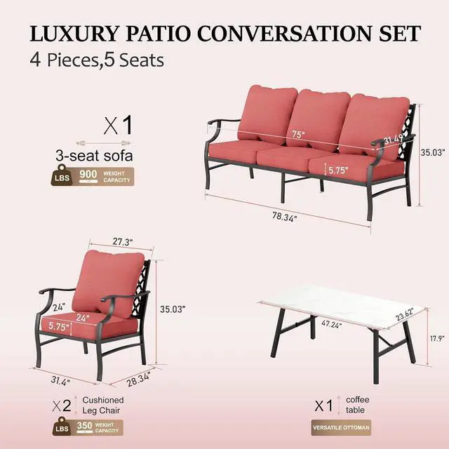 Alt view image 6 of 6 - HERA'S HOUSE 4-Piece Metal Outdoor Conversation Set, 5 Seats, Red Leg Chair | Coffee Table, Single chairs could support up to 350lbs