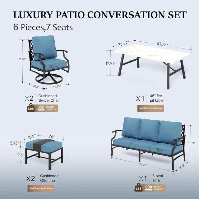 Alt view image 7 of 7 - HERA'S HOUSE 6-Piece Wrought Iron Outdoor Conversation Set, 7 Seats | Navy Blue Swivel Chair + Ottoman, Coffee Table, Single chairs could support up to 350lbs
