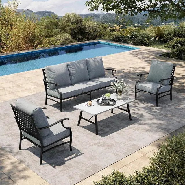 Main image of HERA'S HOUSE 4-Piece Metal Outdoor Conversation Set, 5 Seats | Gray Leg Chair, Coffee Table, Single chairs could support up to 350lbs