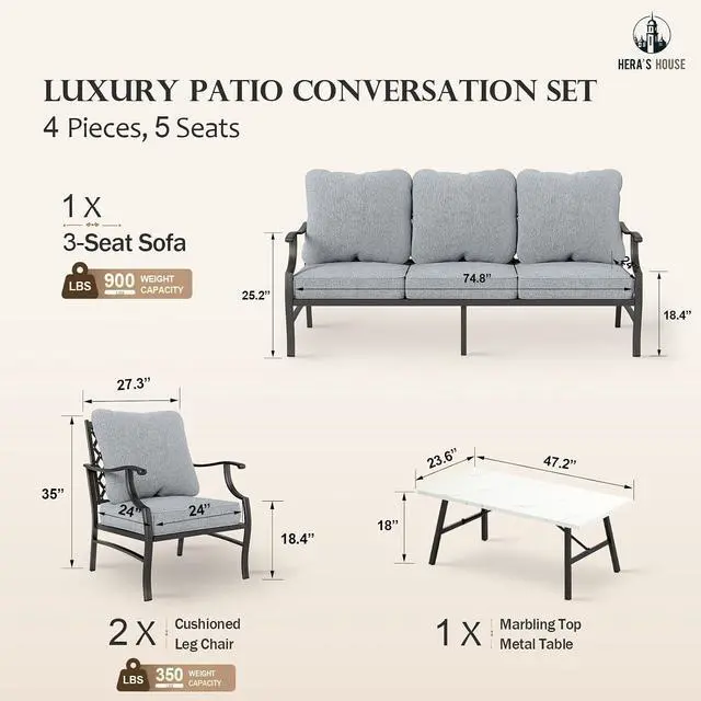 Alt view image 6 of 7 - HERA'S HOUSE 4-Piece Metal Outdoor Conversation Set, 5 Seats | Gray Leg Chair, Coffee Table, Single chairs could support up to 350lbs