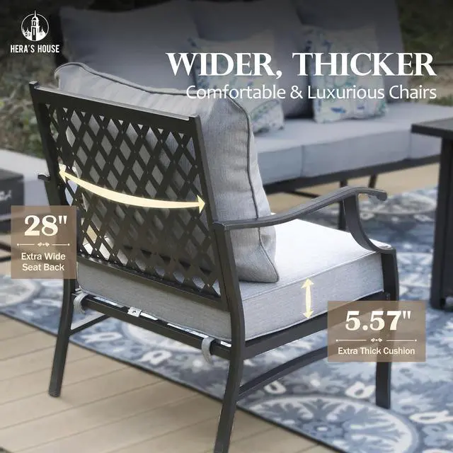 Alt view image 4 of 7 - HERA'S HOUSE 7-Piece Metal Patio Conversation Set, 9-Seat, Modular Design | Grey, 2 Ottomans, 1 3-Seat Sofa, Ottomans, All-Weather, For Garden, Deck, Backyard