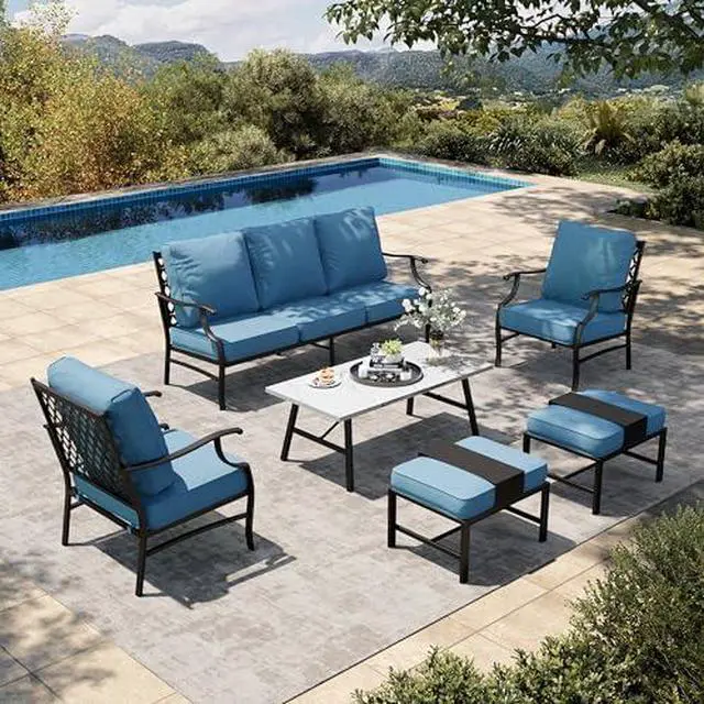 Main image of HERA'S HOUSE 6 Piece Patio Furniture Set, 2 x Metal Cushioned Chair, 2 x Cushioned Ottoman, 1 x 3-Seat Sofa with Marbling Coffee Table, Outdoor Conversation Set for Lawn Garden Backyard, Navy Blue
