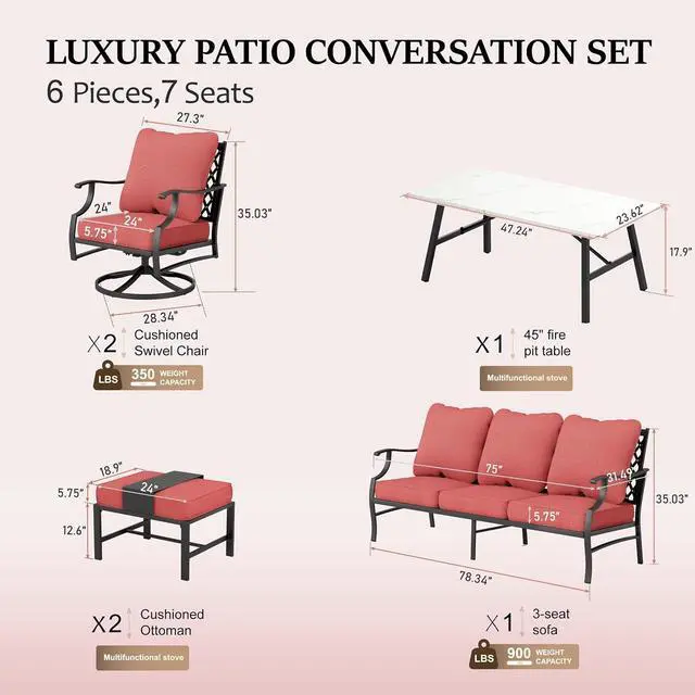 Alt view image 6 of 6 - HERA'S HOUSE 6-Piece Wrought Iron Outdoor Conversation Set, 7 Seats | Red Swivel Chair + Ottoman, Coffee Table, Single chairs could support up to 350lbs