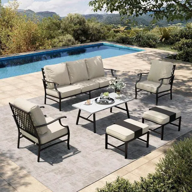 Main image of HERA'S HOUSE 6-Piece Metal Outdoor Conversation Set, 7 Seats | Beige Leg Chair + Ottoman, Coffee Table, Single chairs could support up to 350lbs