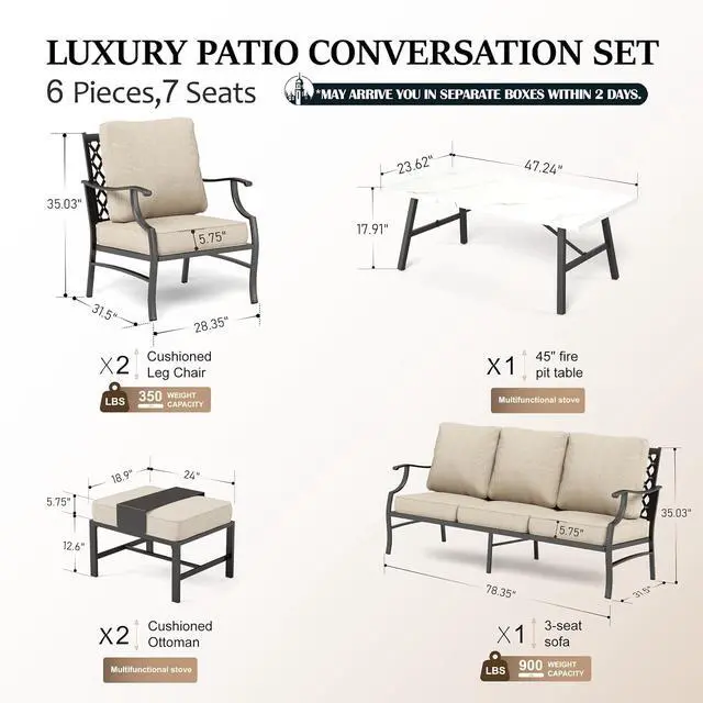 Alt view image 6 of 7 - HERA'S HOUSE 6-Piece Metal Outdoor Conversation Set, 7 Seats | Beige Leg Chair + Ottoman, Coffee Table, Single chairs could support up to 350lbs