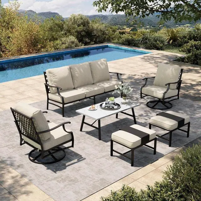 Main image of HERA'S HOUSE 6-Piece Wrought Iron Outdoor Conversation Set, 7 Seats | Beige Swivel Chair + Ottoman, Coffee Table, Single chairs could support up to 350lbs