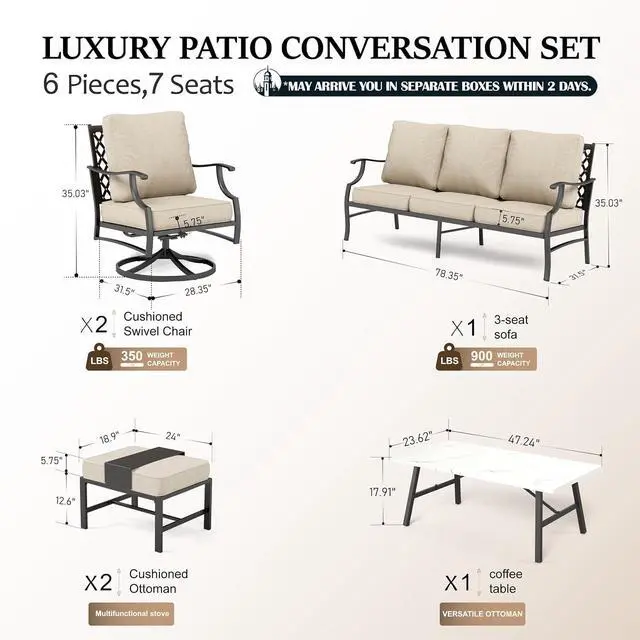 Alt view image 6 of 7 - HERA'S HOUSE 6-Piece Wrought Iron Outdoor Conversation Set, 7 Seats | Beige Swivel Chair + Ottoman, Coffee Table, Single chairs could support up to 350lbs
