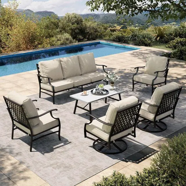 Main image of HERA'S HOUSE 6-Piece Metal Wrought Iron Outdoor Conversation Set, 7 Seats | Beige Leg Chair + Swivel Chair, Coffee Table, Single chairs could support up to 350lbs