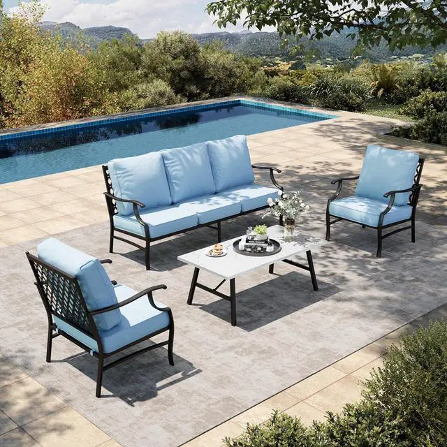 Main image of HERA'S HOUSE 4-Piece Metal Outdoor Conversation Set, 5 Seats | Blue Leg Chair, Coffee Table, Single chairs could support up to 350lbs
