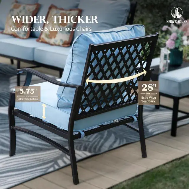 Alt view image 4 of 6 - HERA'S HOUSE 4-Piece Metal Outdoor Conversation Set, 5 Seats | Blue Leg Chair, Coffee Table, Single chairs could support up to 350lbs