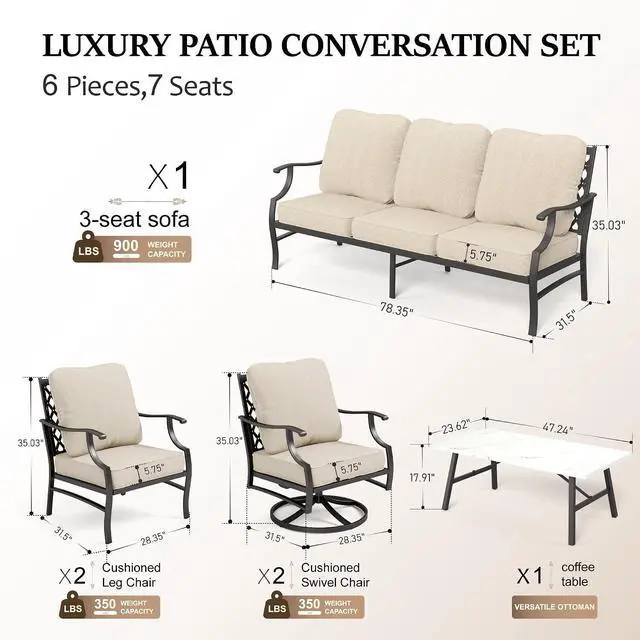 Alt view image 6 of 7 - HERA'S HOUSE 6-Piece Metal Wrought Iron Outdoor Conversation Set, 7 Seats | Beige Leg Chair + Swivel Chair, Coffee Table, Single chairs could support up to 350lbs