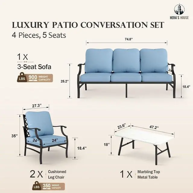 Alt view image 6 of 6 - HERA'S HOUSE 4-Piece Metal Outdoor Conversation Set, 5 Seats | Blue Leg Chair, Coffee Table, Single chairs could support up to 350lbs