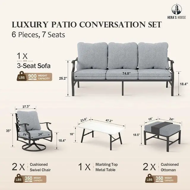 Alt view image 6 of 7 - HERA'S HOUSE 6-Piece Wrought Iron Outdoor Conversation Set, 7 Seats | Gray Swivel Chair + Ottoman, Coffee Table, Single chairs could support up to 350lbs