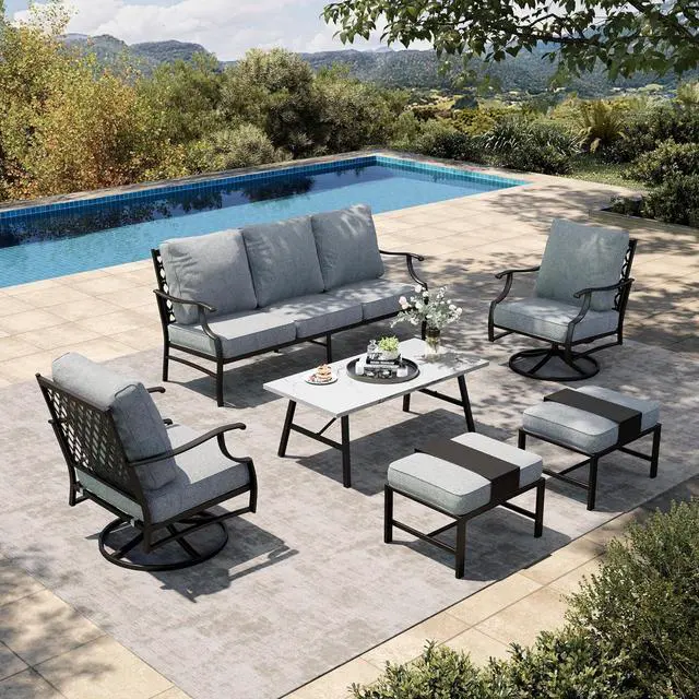 Main image of HERA'S HOUSE 6-Piece Wrought Iron Outdoor Conversation Set, 7 Seats | Gray Swivel Chair + Ottoman, Coffee Table, Single chairs could support up to 350lbs