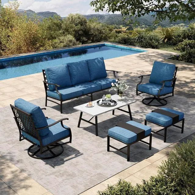 Main image of HERA'S HOUSE 6-Piece Wrought Iron Outdoor Conversation Set, 7 Seats | Pacific Blue Swivel Chair + Ottoman, Coffee Table, Single chairs could support up to 350lbs
