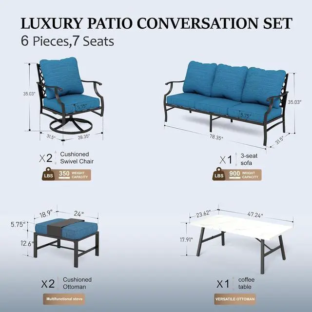 Alt view image 7 of 7 - HERA'S HOUSE 6-Piece Wrought Iron Outdoor Conversation Set, 7 Seats | Pacific Blue Swivel Chair + Ottoman, Coffee Table, Single chairs could support up to 350lbs