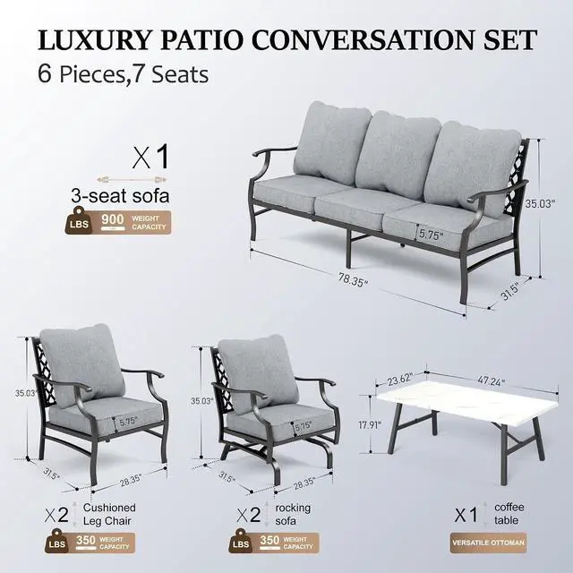 Alt view image 6 of 7 - HERA'S HOUSE 6-Piece Metal Wrought Iron Outdoor Conversation Set, 7 Seats | Gray Leg Chair + Rocker, Coffee Table, Single chairs could support up to 350lbs